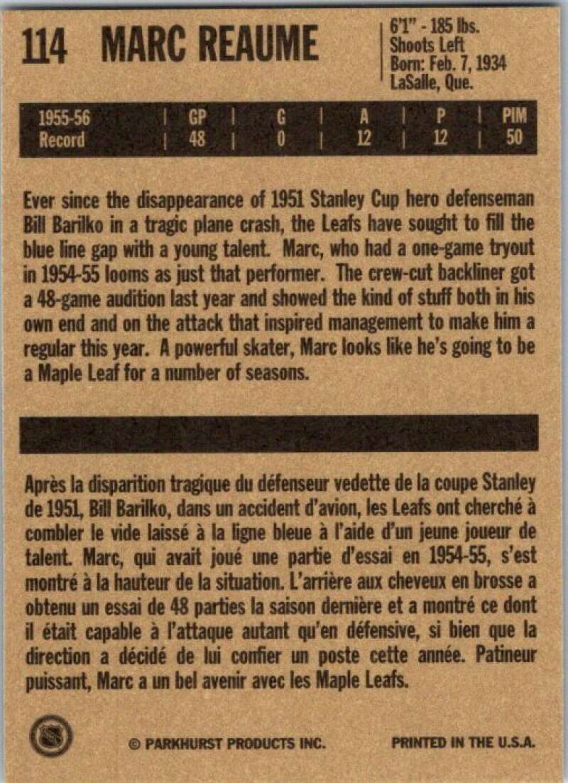 1994-95 Parkhurst Missing Link #114 Marc Reaume Toronto Maple Leafs V51169