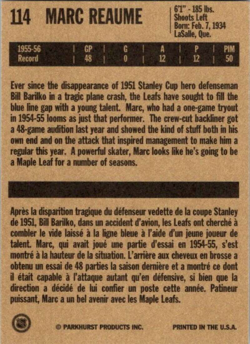 1994-95 Parkhurst Missing Link #114 Marc Reaume Toronto Maple Leafs V51171