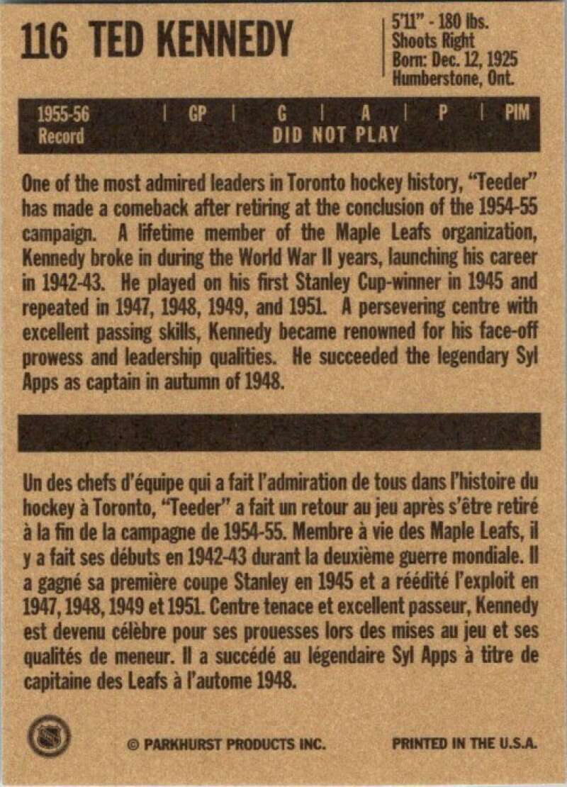 1994-95 Parkhurst Missing Link #116 Ted Kennedy Toronto Maple Leafs V51173