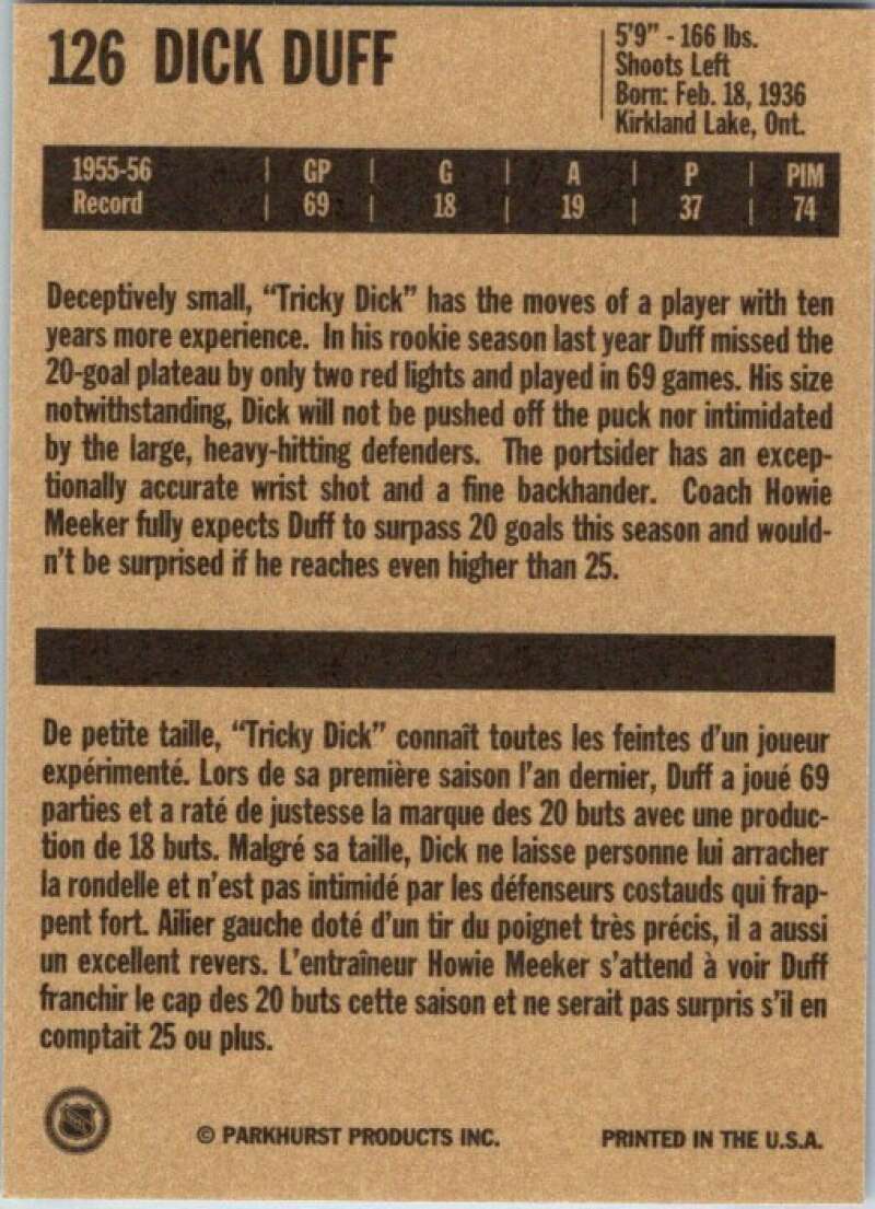 1994-95 Parkhurst Missing Link #126 Dick Duff Toronto Maple Leafs V51193