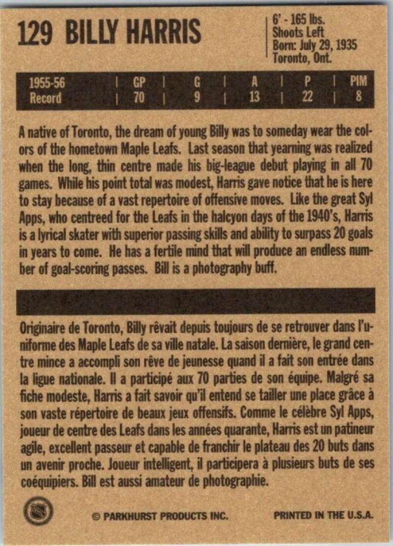 1994-95 Parkhurst Missing Link #129 Billy Harris Toronto Maple Leafs V51199