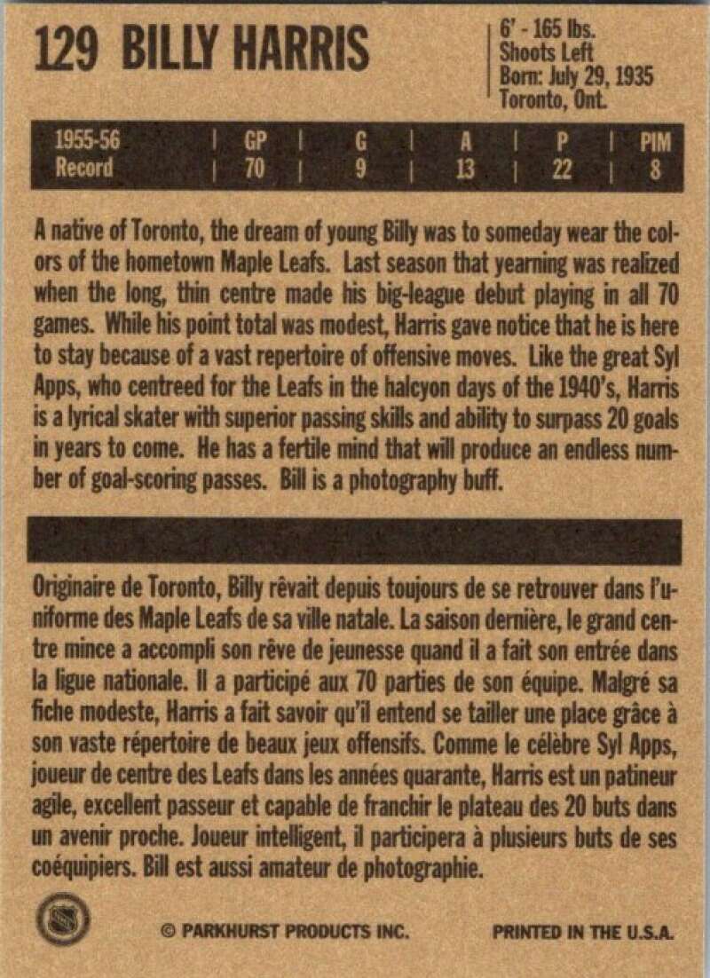 1994-95 Parkhurst Missing Link #129 Billy Harris Toronto Maple Leafs V51200