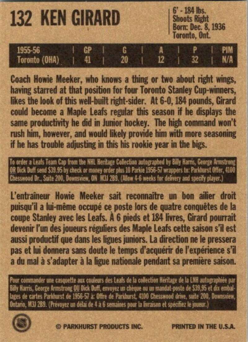 1994-95 Parkhurst Missing Link #132 Ken Girard Toronto Maple Leafs V51206