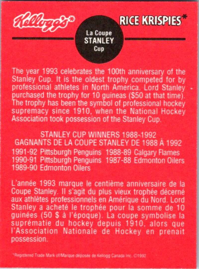1992 Kelloggs Rice Krispies Food #1 Stanley Cup V51231