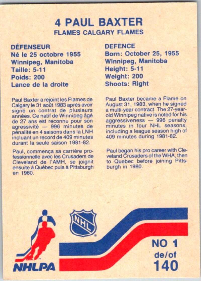 1983-84 Vachon Food Flames #1 Paul Baxter V51253 Image 2