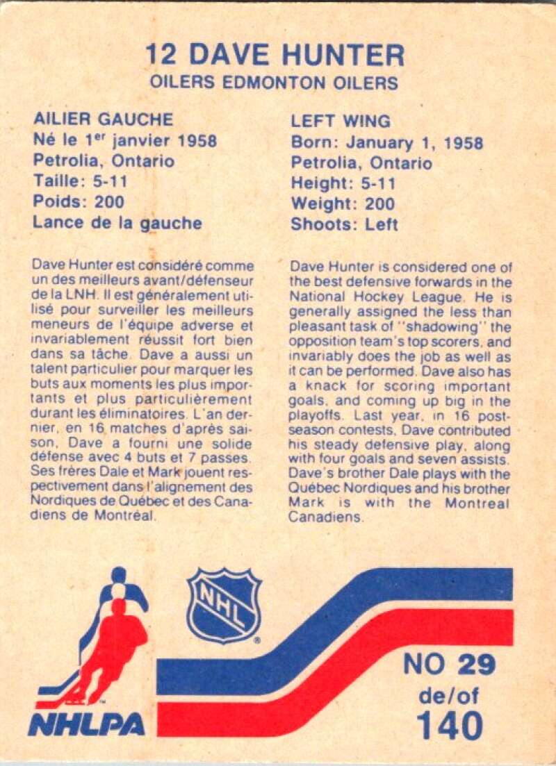 1983-84 Vachon Food Oilers #29 Dave Hunter  V51293 Image 2
