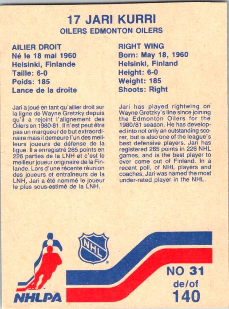 1983-84 Vachon Food Oilers #31 Jari Kurri V51296 Image 2