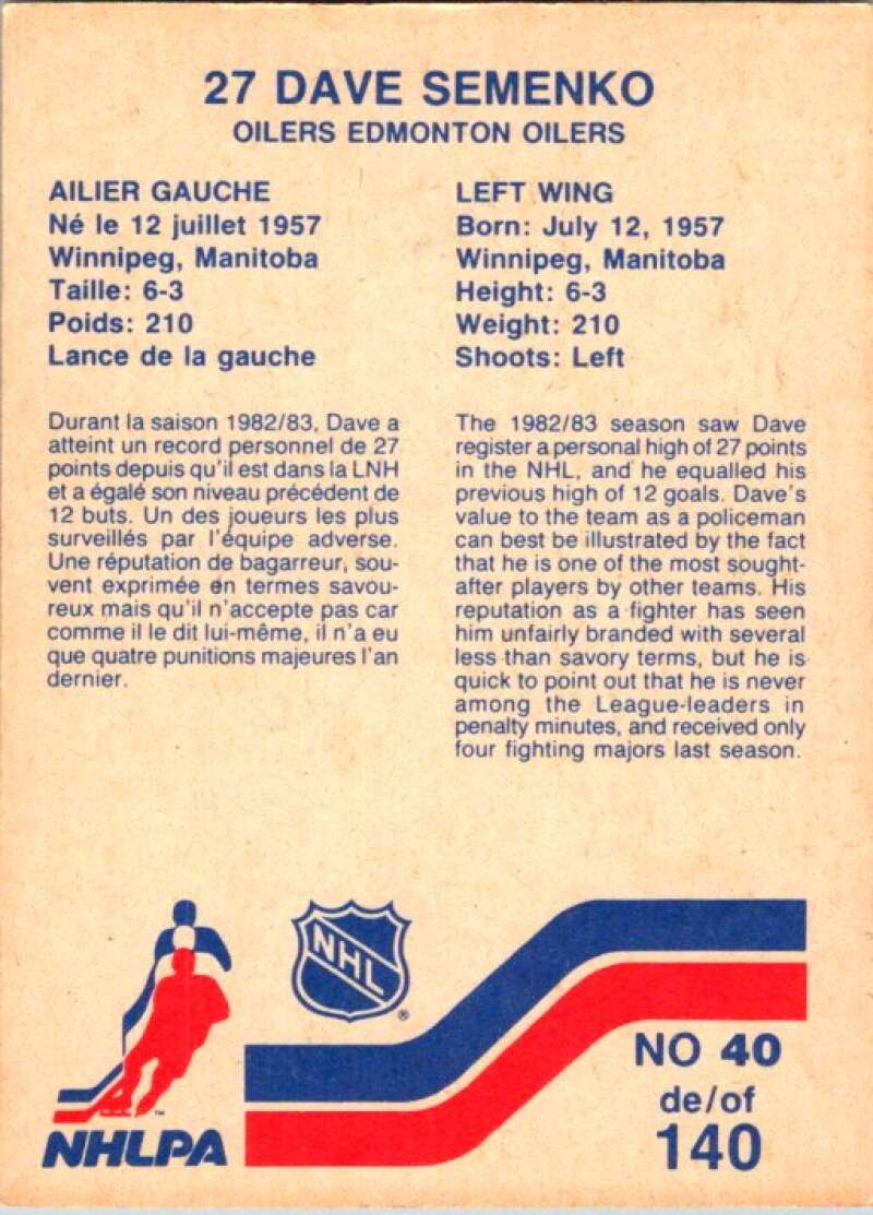 1983-84 Vachon Food Oilers #40 Dave Semenko V51307 Image 2
