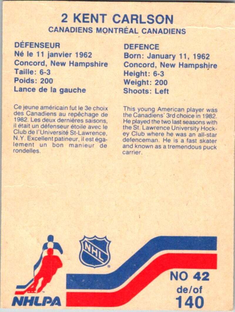 1983-84 Vachon Food Canadiens #42 Kent Carlson V51309 Image 2