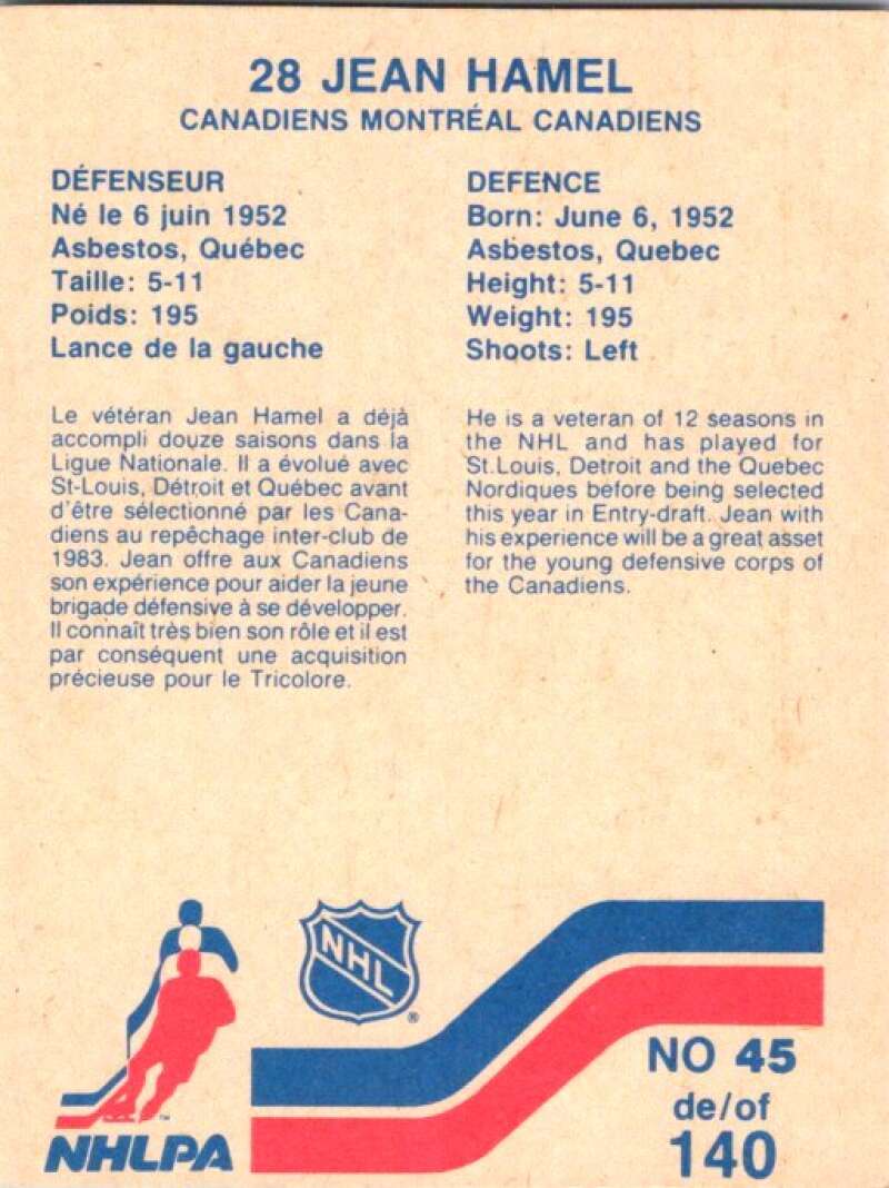 1983-84 Vachon Food Canadiens #45 Jean Hamel V51314 Image 2