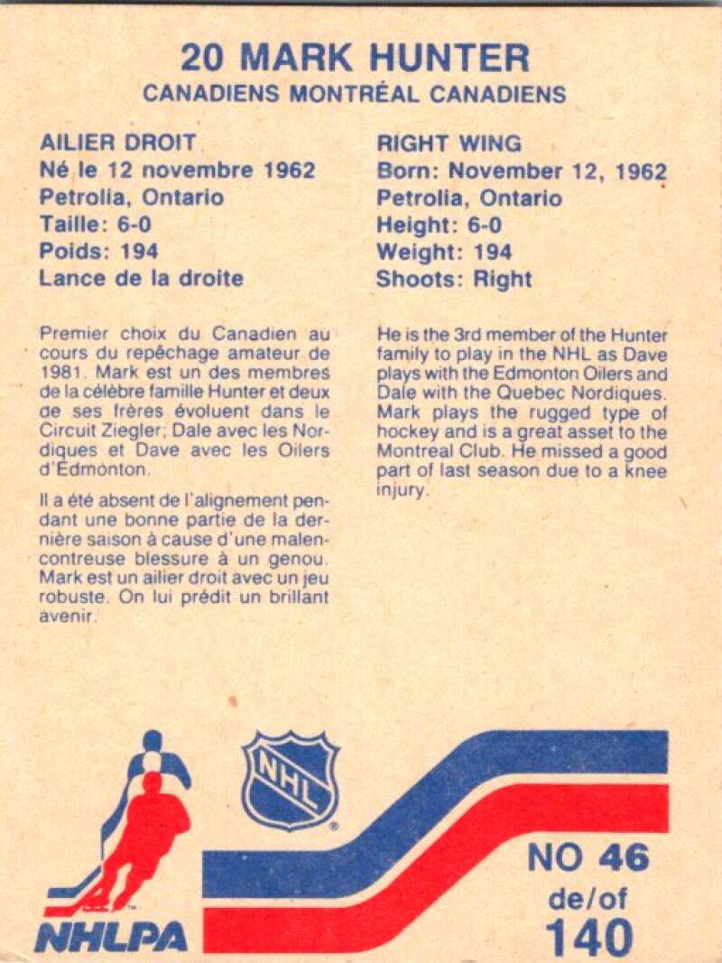 1983-84 Vachon Food Canadiens #46 Mark Hunter V51315 Image 2