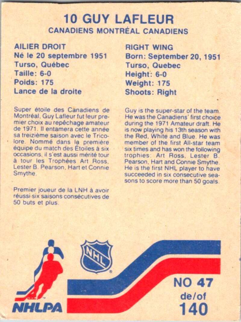 1983-84 Vachon Food Canadiens #47 Guy Lafleur V51318 Image 2