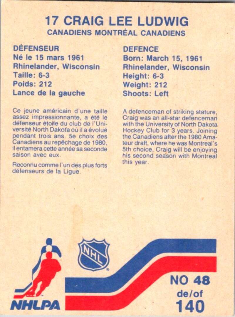 1983-84 Vachon Food Canadiens #48 Craig Lee Ludwig V51319 Image 2