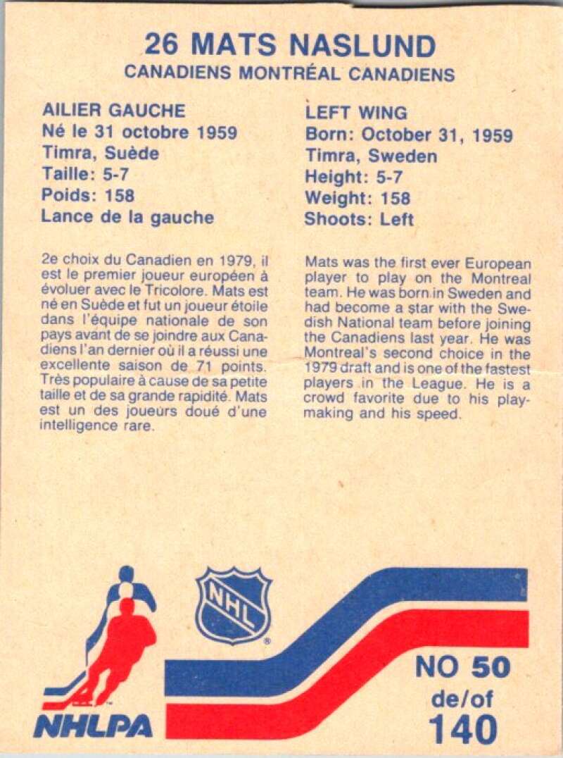 1983-84 Vachon Food Canadiens #50 Mats Naslund V51321 Image 2
