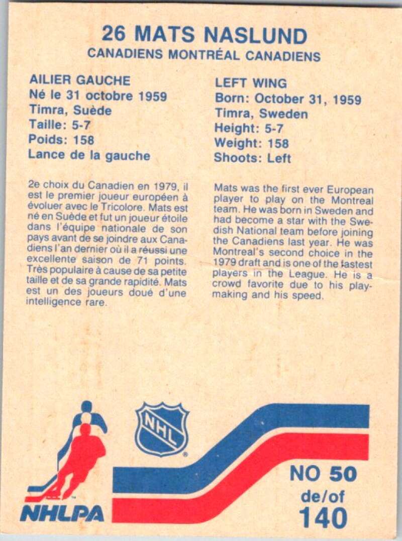 1983-84 Vachon Food Canadiens #50 Mats Naslund V51322 Image 2