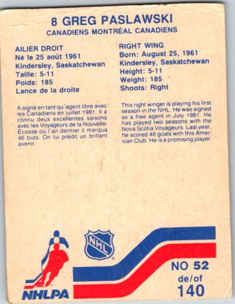 1983-84 Vachon Food Canadiens #52 Greg Paslawski V51325 Image 2