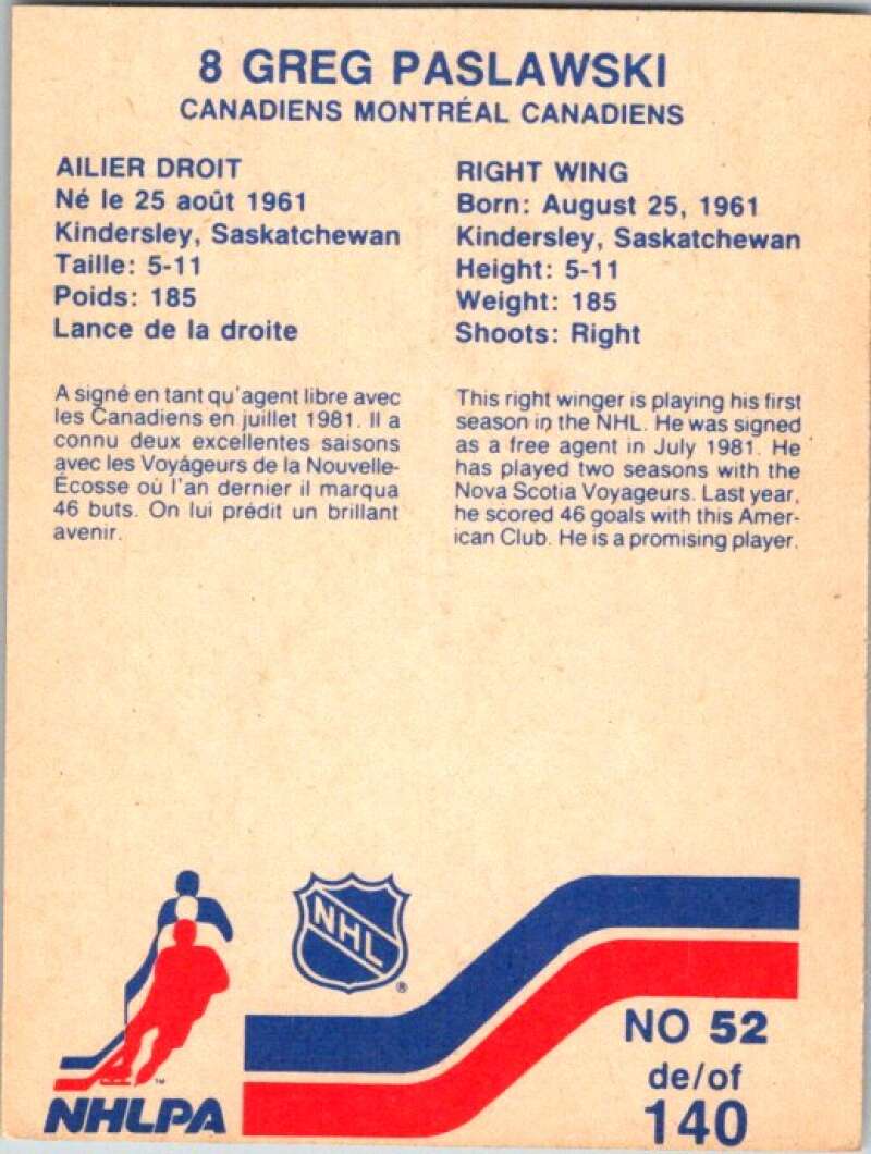 1983-84 Vachon Food Canadiens #52 Greg Paslawski V51326 Image 2