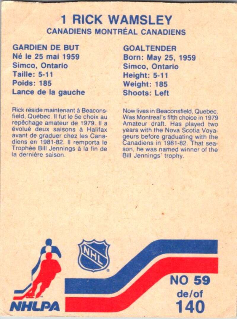 1983-84 Vachon Food Canadiens #59 Rick Wamsley V51338 Image 2