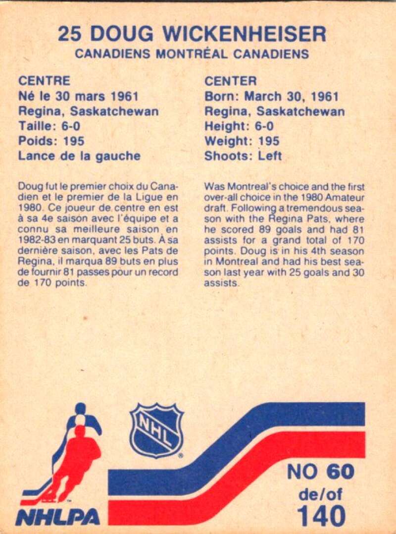1983-84 Vachon Food Canadiens #60 Doug Wickenheiser  V51339 Image 2