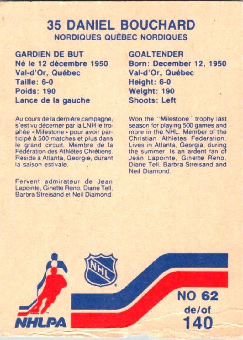 1983-84 Vachon Food Nordiques #62 Daniel Bouchard V51343 Image 2