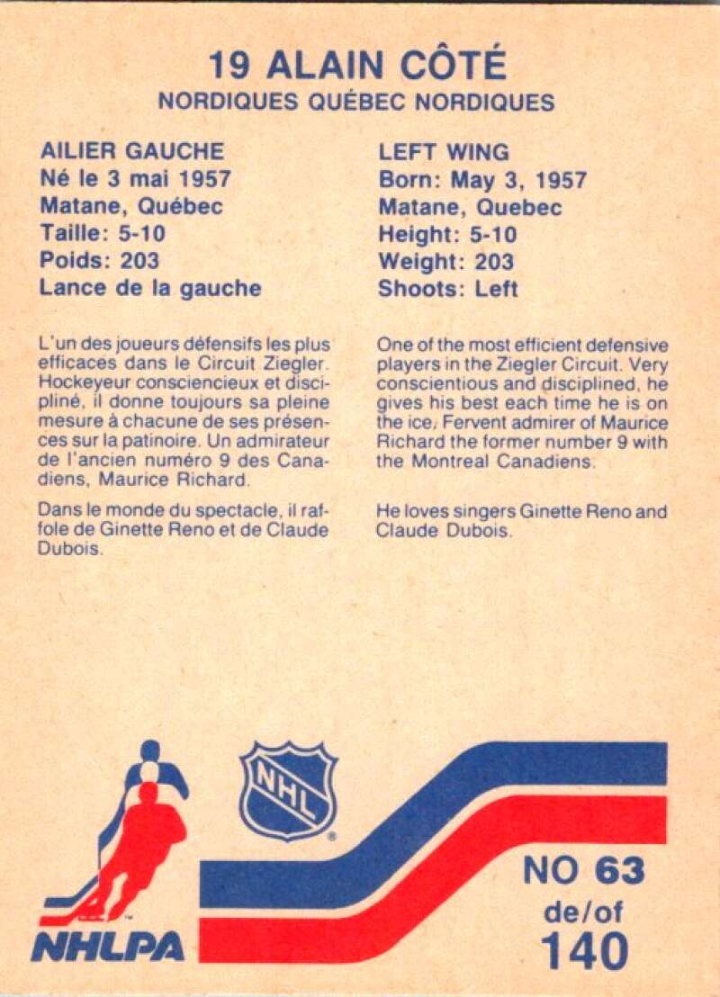 1983-84 Vachon Food Nordiques #63 Alain Cote V51344 Image 2