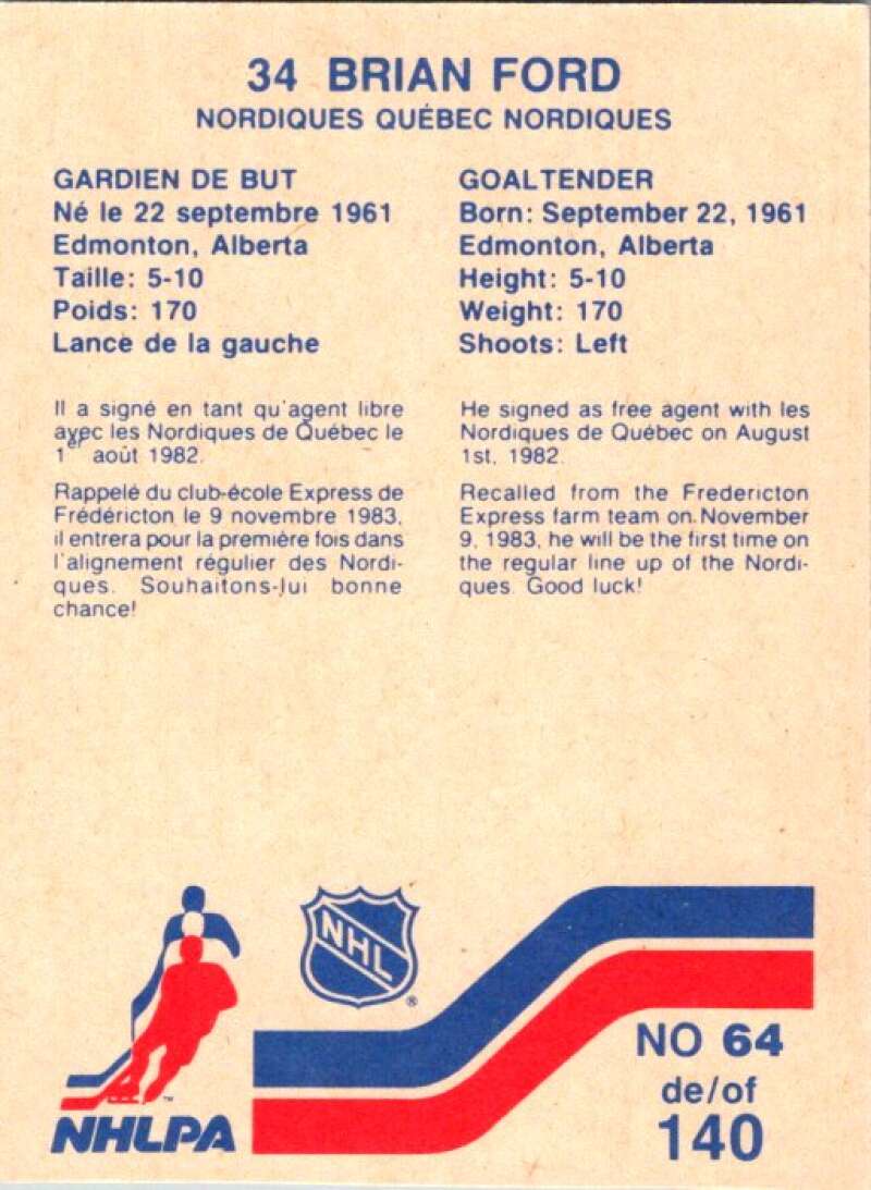 1983-84 Vachon Food Nordiques #64 Brian Ford V51345 Image 2