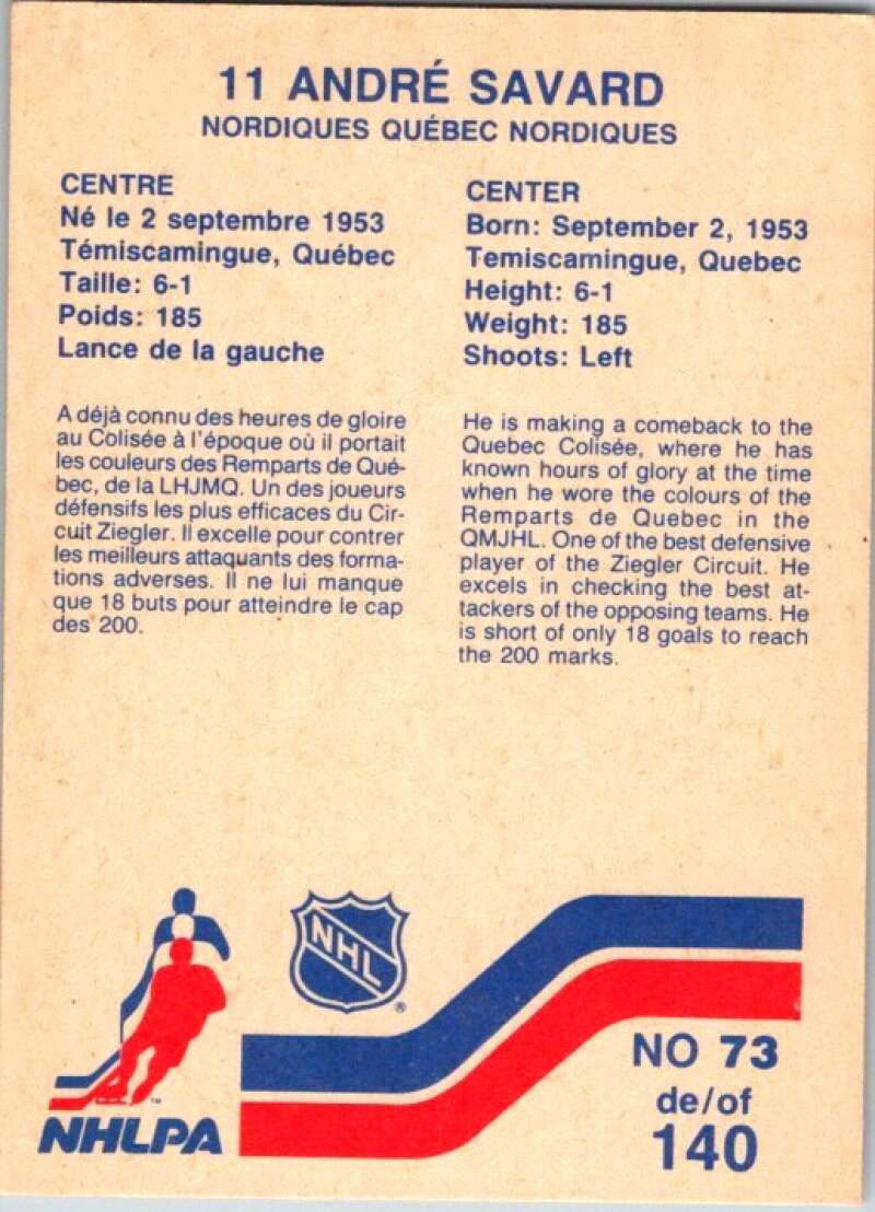 1983-84 Vachon Food Nordiques #73 Andre Savard V51362 Image 2