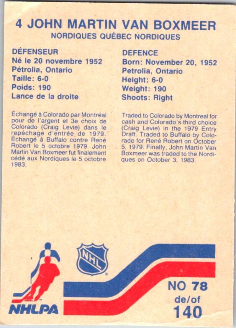 1983-84 Vachon Food Nordiques #78 John Boxmeer V51367 Image 2