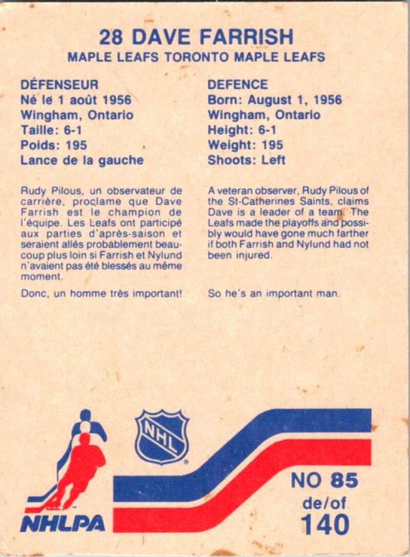 1983-84 Vachon Food Maple Leafs #85 Dave Farrish V51376 Image 2