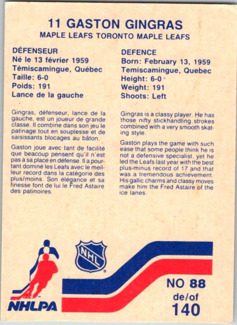 1983-84 Vachon Food Maple Leafs #88 Gaston Gingras V51379 Image 2