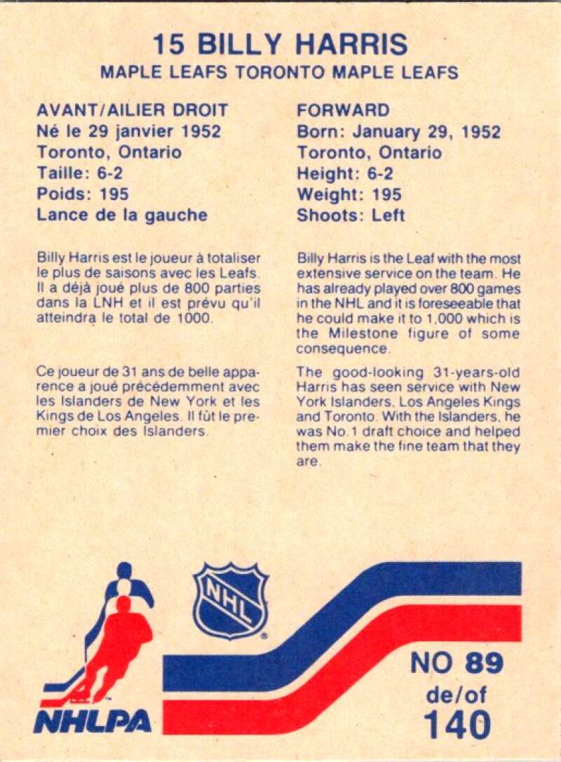1983-84 Vachon Food Maple Leafs #89 Billy Harris V51380 Image 2