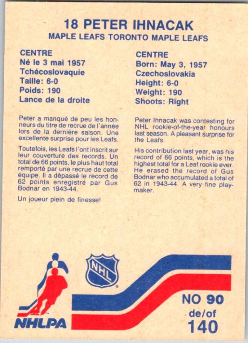 1983-84 Vachon Food Maple Leafs #90 Peter Ihnacak V51381 Image 2