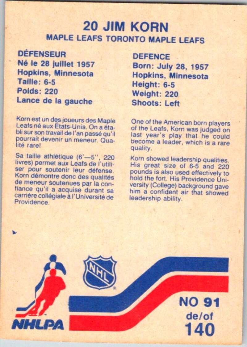 1983-84 Vachon Food Maple Leafs #91 Jim Korn V51382 Image 2