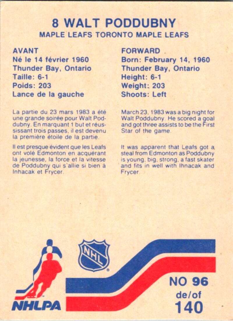 1983-84 Vachon Food Maple Leafs #96 Walt Poddubny V51389 Image 2