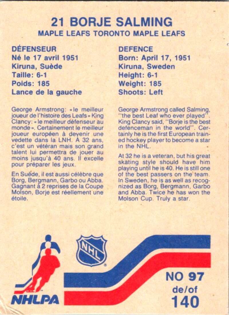 1983-84 Vachon Food Maple Leafs #97 Borje Salming V51392 Image 2
