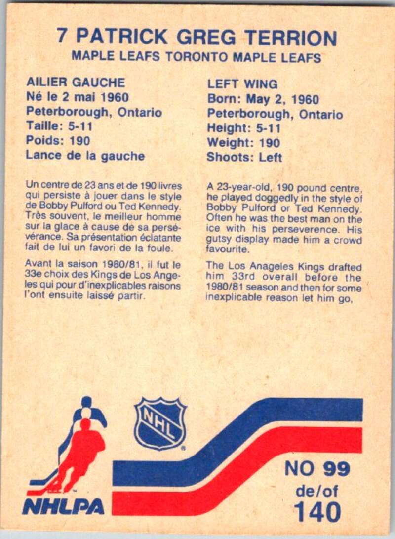 1983-84 Vachon Food Maple Leafs #99 Patrick Terrion V51394 Image 2