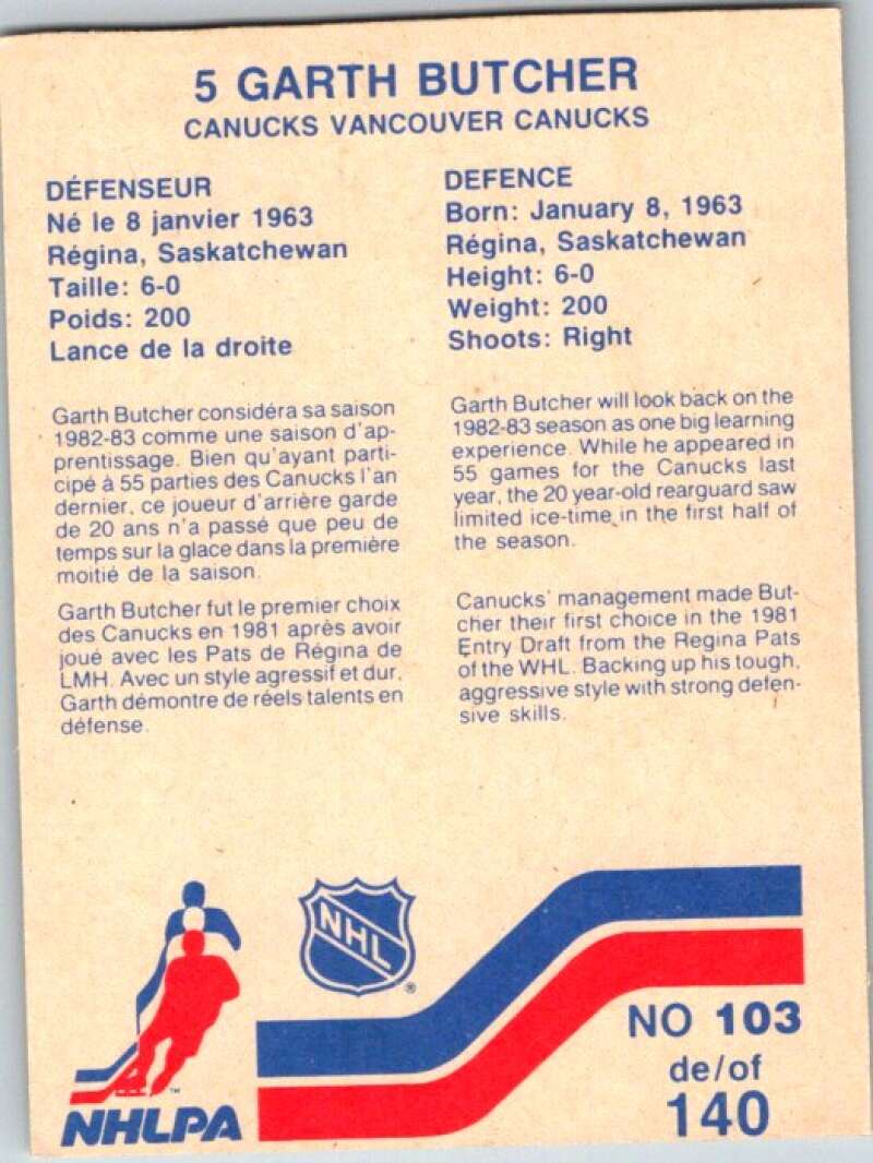 1983-84 Vachon Food Canucks #103 Garth Butcher V51399 Image 2