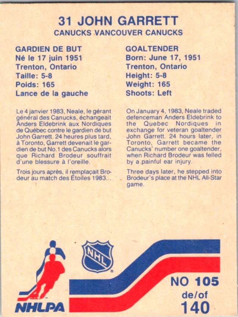 1983-84 Vachon Food Canucks #105 John Garrett V51401 Image 2