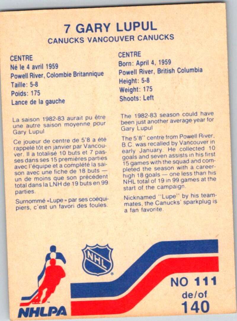 1983-84 Vachon Food Canucks #111 Gary Lupul V51412 Image 2