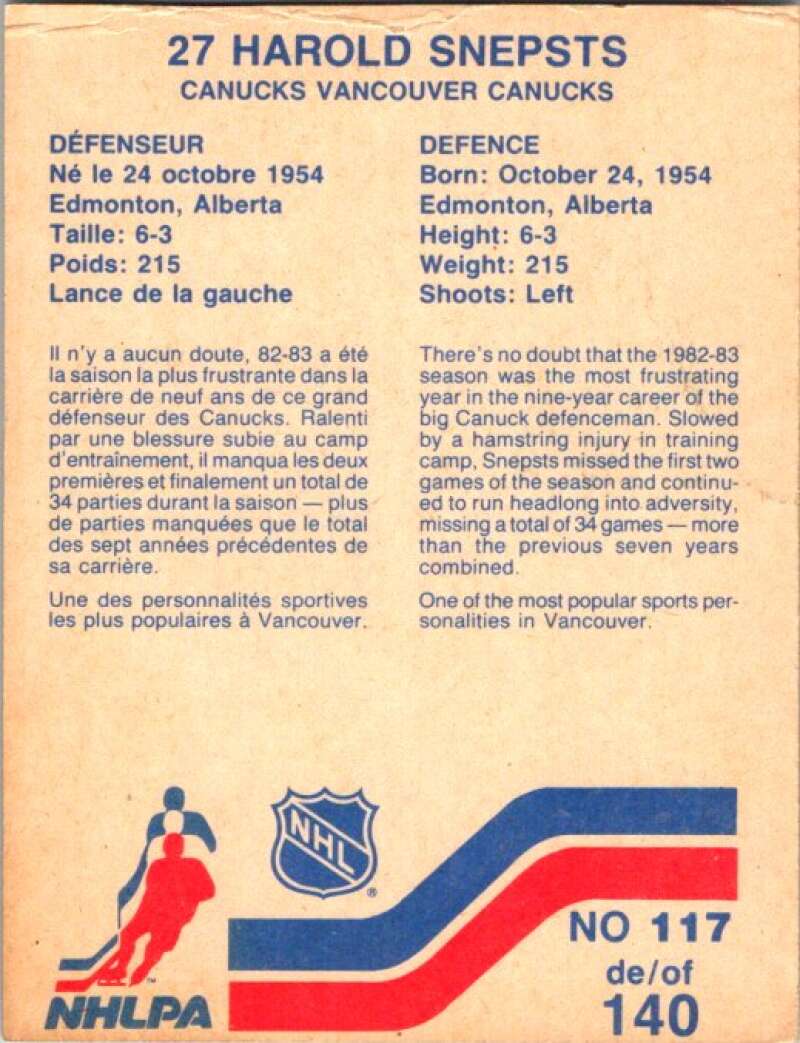 1983-84 Vachon Food Canucks #117 Harold Snepsts V51421 Image 2