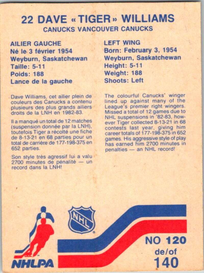 1983-84 Vachon Food Canucks #120 Dave Williams V51425 Image 2