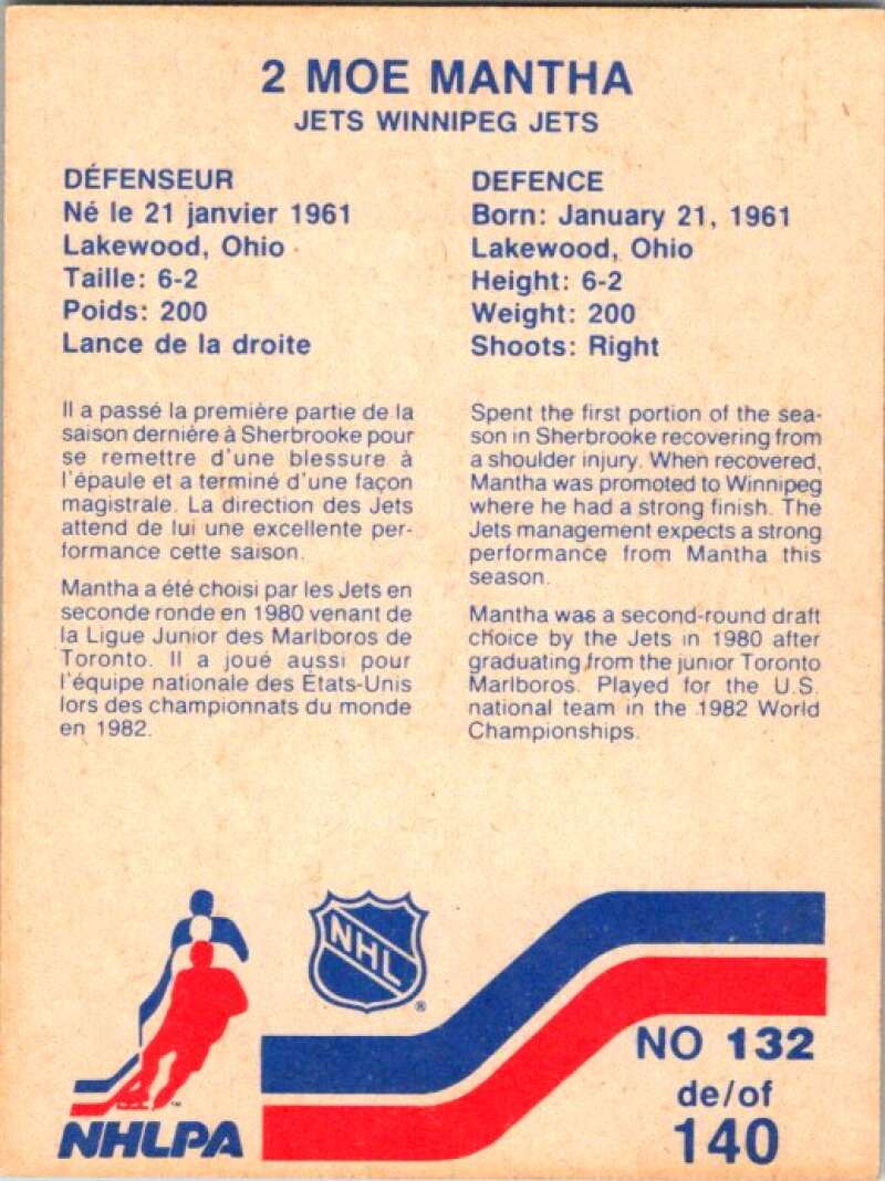 1983-84 Vachon Food Jets #132 Moe Mantha V51442 Image 2