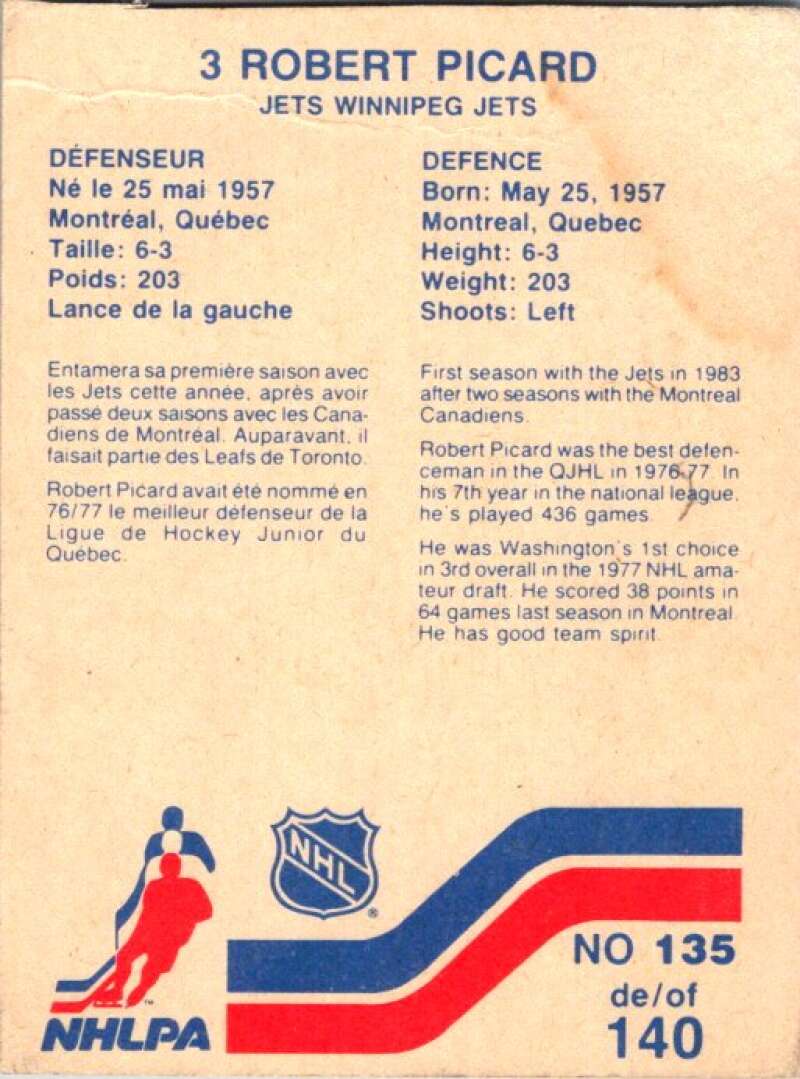 1983-84 Vachon Food Jets #135 Robert Picard V51445 Image 2