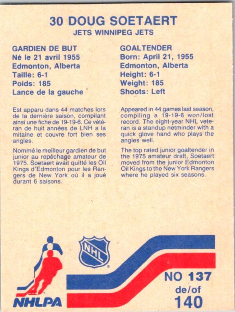 1983-84 Vachon Food Jets #137 Doug Soetaert V51447 Image 2