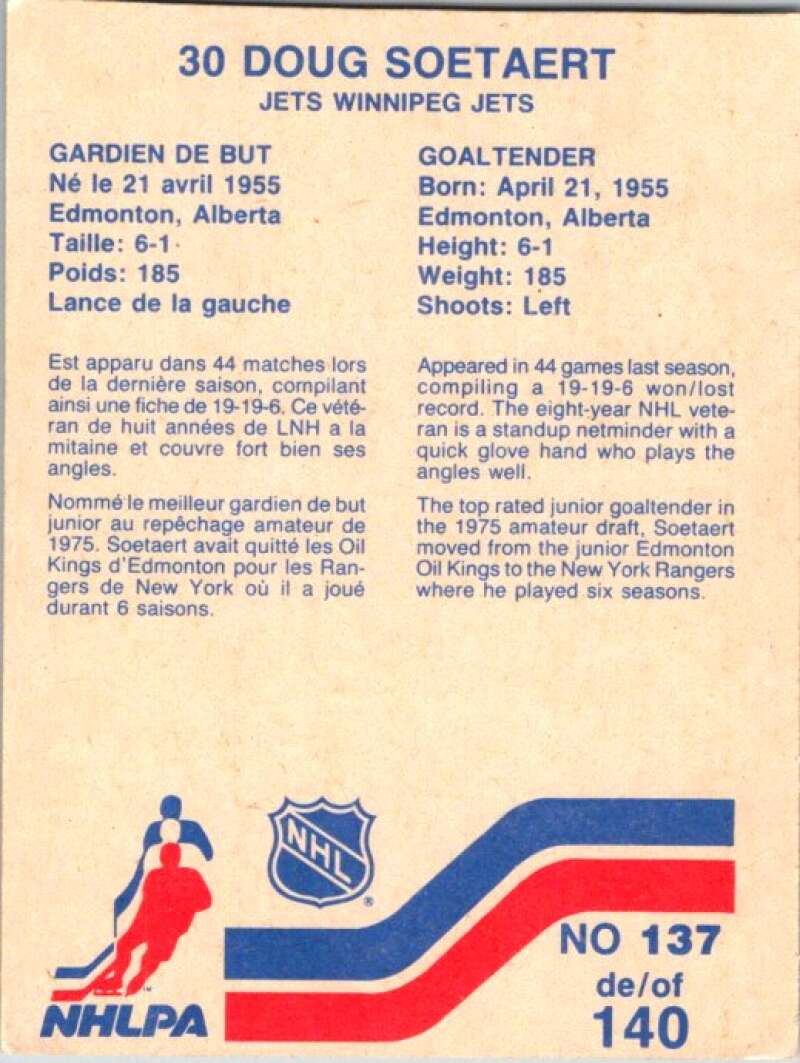 1983-84 Vachon Food Jets #137 Doug Soetaert V51448 Image 2