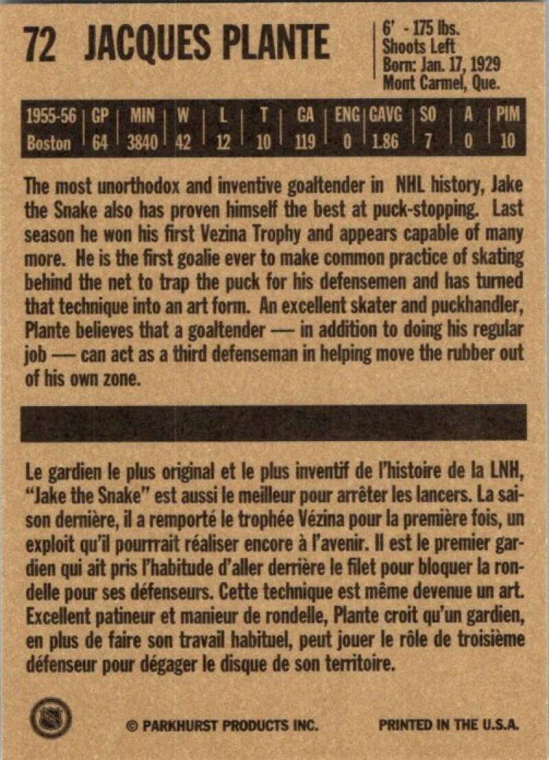 1994-95 Parkhurst Missing Link #72 Jacques Plante Montreal Canadiens V51464 Image 2
