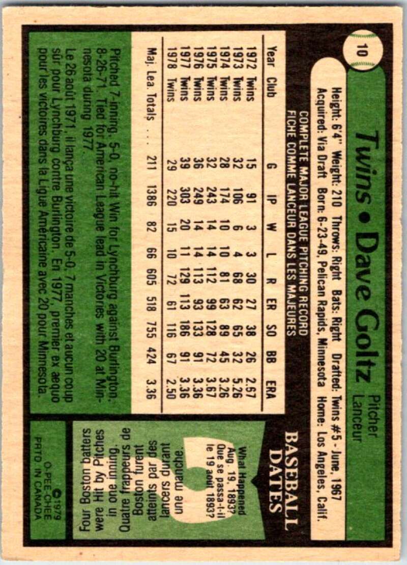 1979 OPC Baseball #10 Dave Goltz  Minnesota Twins  V50286 Image 2