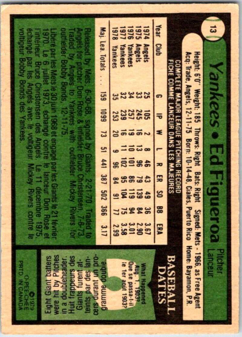 1979 OPC Baseball #13 Ed Figueroa  New York Yankees  V50289 Image 2