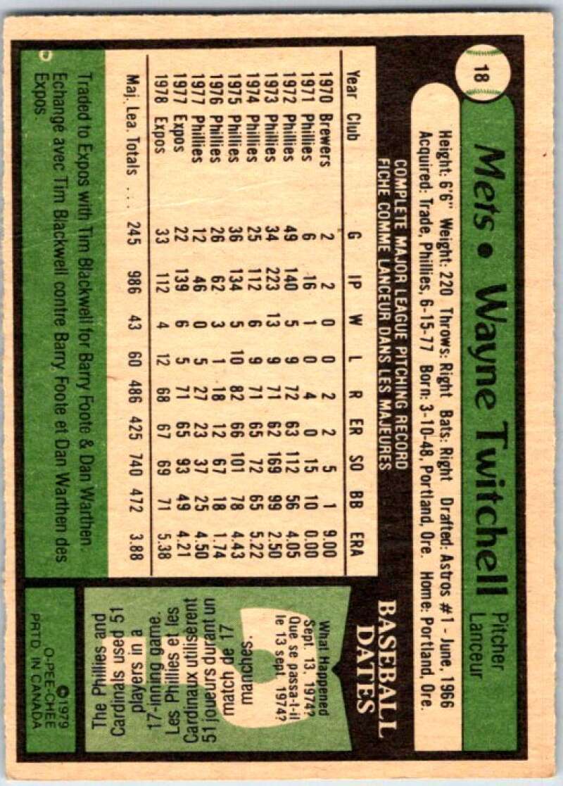 1979 OPC Baseball #18 Wayne Twitchell Montreal Expos V50290 Image 2