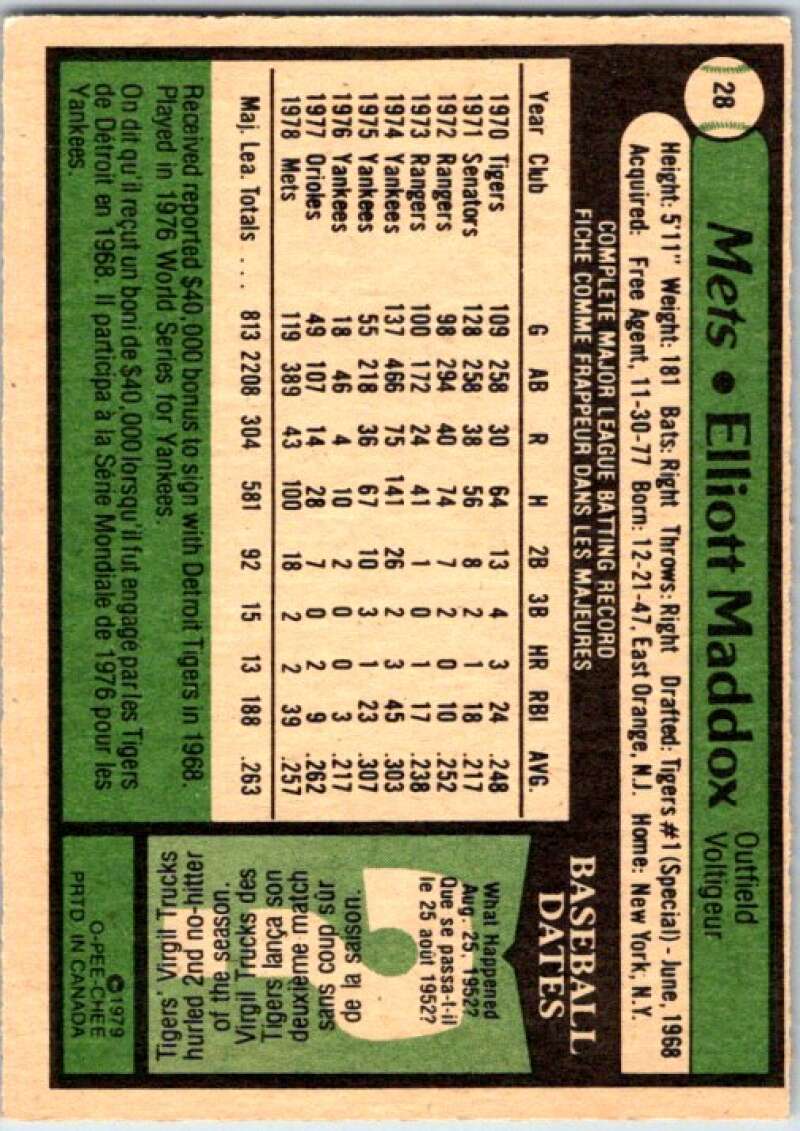 1979 OPC Baseball #28 Elliott Maddox New York Mets V50298 Image 2